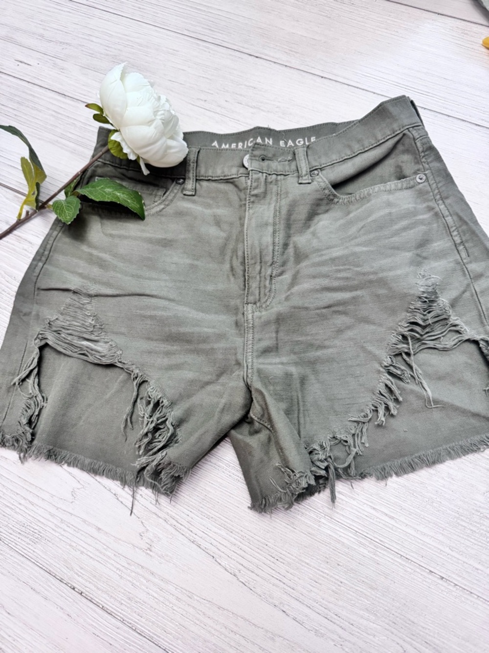 American Eagle Outfitters Olive Green Distressed Frayed Denim Shorts